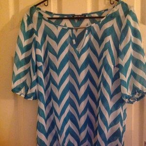 Silky Chevron Turquoise & White Scoop Neck Blouse